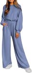 PRETTYGARDEN Women's Fall One Piece Jumpsuits Dressy Casual Long Sleeve Elastic Waist Pockets Wide Leg Long Pants Rompers (Grey Blue,Small)