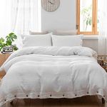 Simple&Opulence 100% Washed Linen Duvet Cover-3 Pieces Solid Flax Bedding Set(1 Comforter Cover+ 2 Pillowshams)-Farmhouse Comforter Set with Coconut Button Closure (Queen,White)