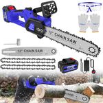 Electric Chainsaw Cordless 12 Inches, 600W Brushless Motor 21V Cordless Hand Chainsaw with 4.0Ah Battery and Charger, 2 Chains, 10m/s Chain Speed, Auto Chain Lubrication, Easy Use Electric Chain Saw