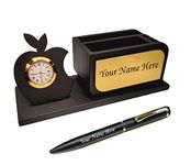 STAR GIFTING Personalized Gift Apple shaped Wooden Pen, Card Holder & Mobile Stand with Watch and Metal Pen with Customized Name Engraved