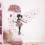 Tanlaby Flower Fairy Wall Stickers, Girl with Umbrella Colorful Butterfly Floral Wall Decals, DIY Vinyl Mural Art for Girls Baby Nursery Bedroom Living Room Playroom Wall Decor