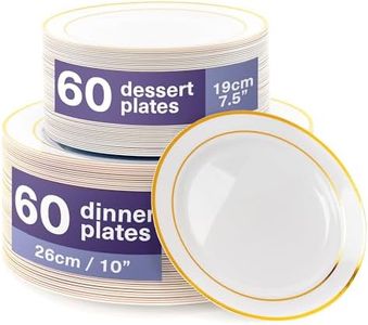 MATANA 120 Assiettes en Plastique Réutilisables Blanches Premium avec Bord Doré (60 Assiettes Plates, 60 Assiettes à Dessert) - Solide & Incassable pour Mariages, Anniversaires, Fêtes