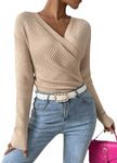 SOLY HUX Women's V Neck Long Sleeve Off Shoulder Sweaters Criss Cross Wrap Ruched Pullover Fall Tops Plain Khaki Large