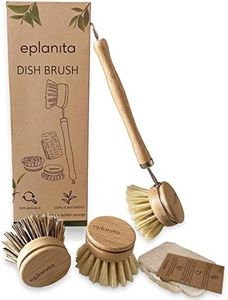 eplanita Natural Dish Brush, 3 Replacement Heads, Kitchen Eco Bamboo Scrubber Brushes, Extra Plant Sponge, Plastic Free Washing Up, Zero Waste Cleaning