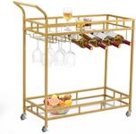 Bar Cart Gold, Wine Cart with 2 Mirrored Shelves, Wine Holders, Glass Holders, for Home Kitchen, Dining Room, 14.2"x29"x35.4"