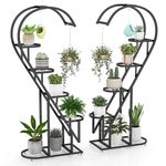 COSTWAY 5-Tier Tall Plant Stand, 2-Pack Heart-shaped Ladder Plant Shelf with Hanging Hooks and Adjustable Foot Pads, Indoor Outdoor Metal Display Pot Holder for Balcony Garden Patio (Black)
