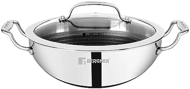 Bergner Hi-Tech TriPly Stainless Steel 24cm (2.5L) Kadai with Glass Lid, Honeycomb Non-Stick Coating, Non-Toxic, Healthy Cooking, Less Oil Use, Durable Handle, Excellent Grip - Induction and Gas Ready