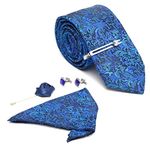 MUTAQINOTI Mens Checkerd Blue Woven Premium Silk Necktie Suit Accessories Set With Pocket Square Cufflinks Brooch Chrome Tiepin (TECOMBO)