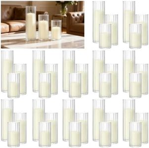 Trxvxo 36 PCS Ivory Pillar Candles (2" x3, 4, 6) with 36 PCS Ribbed Glass Cylinder Vases (2.6" x5, 6, 8), Hurricane Candle, Perfect for Wedding Table Centerpieces & Home Decor