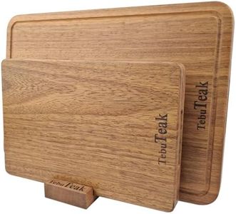 TebuTeak Solid Teak Wood Cutting Board Set - Single/One Piece Design Wooden Choping Boards Non Glued Knife-Friendly Durable Chopping Block for Kitchen Meat 13 x 8.7 IN & 10 x 6.3 IN (Includes Stand)