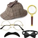 6 Pcs Detective Costume Accessories Set Include Detective Hat Pipe Magnifying Glass Bow Tie Fake Mustache Lensless Glasses for Role Play Detective Cosplay Prop