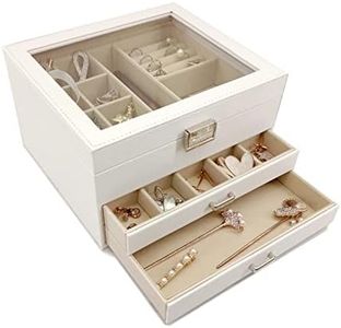 Jewelry Box with Glass Lid, 3-Layer Jewelry Organizer with 2 Drawers for Loved Ones Gifts, White