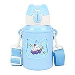 500ml Kids Insulated Water Bottle with Straw for School, Cartoon Stainless Steel Water Bottle Leak-Proof Metal Drink Bottle Small Flask Insulated Hot Cold Water Bottle for Boys (Blue)