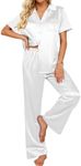 Ekouaer Womens Satin Pajamas Set Button Down Shirts Short Sleeve Sleepwear V-Neck Loungewear Pants with Pockets S-XXL White