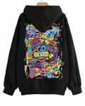 Veirdo Cotton Fleece Regular Fit Hooded Sweatshirt Full Sleeves Doodle Graphic Printed Jumper Sweatshirt for Men/Boys Black