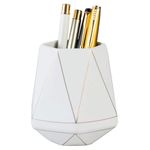 Tokastar Ceramic Desk Cute Pen Holder Stand Gold Line Pencil Cup Pot Desk Organizer Makeup Brush Holder (White)