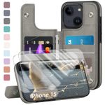 Designed for iPhone 15 Case Wallet, Card Holder Case with [2 Screen Protectors][Magnetic Clasp Folio Cover][RFID Blocking Leather] Shockproof Women Men Cases 6.1" for Apple 15 Grey