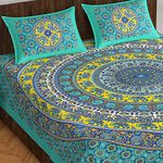 Meejoya 100% Queen Size Rajasthani Jaipuri Traditional Sanganeri Print 144 TC Cotton Double Size Bedsheet with 2 Pillow Covers - Multicolor Bedsheets 144