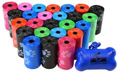 500 Pet Waste Bags, Dog Waste Bags, Bulk Waste Bags on a roll, Clean up Waste bag refills - (Color: Rainbow of Colors with Paw Prints) + FREE Bone Dispenser, by Downtown Pet Supply