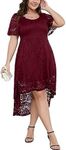 SCOMCHIC Plus Size Wedding Guest Dresses for Women A-Line Lace Flowy High Low Cocktail Party Dress, Burgundy, XX-Large Plus