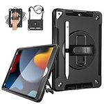 Case for iPad 9th Generation 2021: Rugged 3-Layer Shockproof Military Grade Case with Pencil Holder-360 Degree Rotating Stand-Hand/Shoulder Strap for iPad 9th Generation 10.2 Inch Black