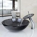 GLOBAOSALU Bathroom Vessel Sink 16 inch Round Glass Sink Bowl, Above Counter Black Bathroom Sink with Waterfall Faucet and Drain Combo