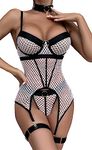 bslingerie Women Neon 5 Pieces Fishnet Sexy Garter Lingerie Babydoll Chemise Lingerie Set, White, Large