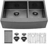 Sarlai 33 Black Farmhouse Sink Double Bowl - 33x21 inch Farm Kitchen Sink Double Bowl 60/40 Gunmetal Matte Black Apron Front 16 Gauge Stainless Steel Kitchen Sink Basin