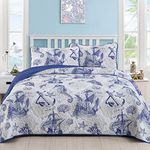 DJY Blue Quilt Set King Nautical Beach Quilt Coverlet Set Coastal Seahorse Bedspread with 2 Pillow Shams Lightweight Coastal Bedding Quilt Set for Adults Teens Kids (3 Pieces, 90"x104")