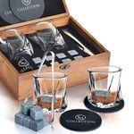 EMcollection's Crystal Whiskey Glass Set of 2 | 8 Cube Granite Rocks, Chilling Stones Reusable, Velvet Bag, Bourbon Ice Tongs, Silicone Coasters in Wooden Box | Grandpa & Father Birthday Day Gift