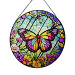 Stained Glass Suncatcher Artistic Window Hanging,7.8” Hand-Painted Glass Panel Wall Home Decor,Gift for Women Garden Decor Suncatcher (Butterfly)