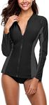 Vegatos Women Zip Front Rash Guard Swimsuit Long Sleeve UPF 50+ Rashguard Shirts, Black Gray, XX-Large