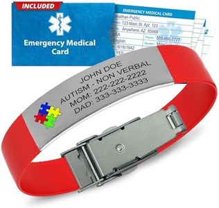 Universal Medical Data Autism Medical ID Bracelet for Kids – Custom Laser Engraved ID, Silicone Band & Stainless Steel Plate - Medic Alert Bracelet with Emergency Card & Health Record Access - Red