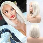 Platinum Blonde Wig Short Lace Front Bob Wigs for Black Women Realistic White Straight Shoulder Length Pre Plucked Natural Hairline Glueless Synthetic Heat Resistant Fiber Hair Wig 16 Inch Gift