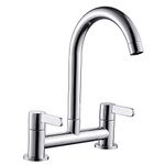 Kitchen Sink Mixer Taps Hot Cold Dual Lever Monobloc Chrome Swivel Spout 1/4 Turn Deck Mounted Kitchen Taps with UK Standard Fittings (Silver)