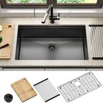 32 inch Undermount Kitchen Sink,16 Gauge Stainless Steel Bar Sink, Honeycomb Pattern PVD Gunmetal Finish Workstation Farmhouse Single Bowl Outdoor Kitchen Sink with Cutting Boards, Racks - Dark Gray