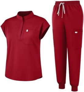 Eadflie Scrubs for Women Set - Stretch Medical Uniform Scrubs - Slim Fit Top & Cargo Pant Scrubs Set with 11 Pockets for Nurse Esthetician Workwear - (Red/2XL)