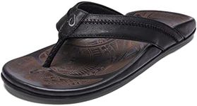 OluKai Hiapo Men's Beach Sandals, Full-Grain Leather Flip-Flop Slides, Compression Molded Footbed & Comfort Fit, Enhanced Grip Soles, Lava Rock/Lava Rock, 8