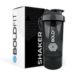 Boldfit Plastic Shakers For Protein Shake Bottle Gym Shaker Bottle 600Ml With Extra Compartment Shaker Mixer Bottle Shaker For Gym-Black 600 Ml