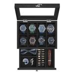 SONGMICS Watch Box with 8 Slots, 2-Tier Wood Watch Case with Large Glass Lid, Watch Pillows, Velvet Lining, Jewellery Box, Gift for Loved Ones, Ink Black JOW008B02