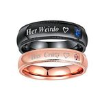 Daesar Stainless Steel Ring Vintage Couple Rings Engraving His Crazy Her Weirdo Heart Pink Blue Cubic Zirconia Wedding Rings His and Hers Black Rose Gold Women Size R 1/2 & Men Size P 1/2