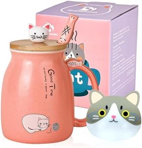 Chat Tasse Jolie tasse à café en céramique avec couvercle et cuillère en bois chat kawaii Nouveauté Morning Cup Tasses à thé au lait au café Tasses de chat pour les amoureux des chats Femmes (Rose)