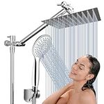 COSYLAND 8'' Rainfall Stainless Steel Fixed Shower Head/Handheld Showerheads Combo 5 Settings with Extension Arm Height/Angle Adjustable, High Pressure Anti-Leak, Chrome