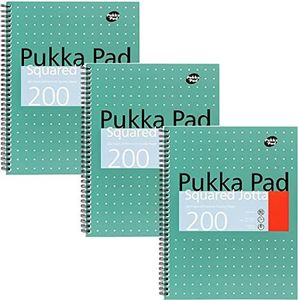 Pukka Pad, Jotta - Quaderno A4 a quadretti metallizzati, confezione da 3 pezzi, 29,7 x 23 cm, rilegatura a spirale con carta da 80 g/m², con margini perforati a 4 fori e bordi perforati, 200 pagine,