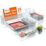 Lifewit 25pcs Drawer Organiser Set, Clear Makeup Trays Plastic, Desk Drawer Dividers Dresser Storage Bins Separation Box for Bathroom, Office, Cosmetic, Jewelries and Gadgets, Bedroom