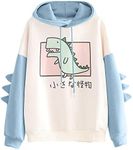 Women's Dinosaur Sweatshirt Long Sleeve Splice Tops Cartoon Cute Hoodies Teens Girls Casual Pullover, Blue, Large