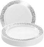 MATANA - 20 Premium Plastic Dinner Plate Set with Silver Lace Detail Rim, Multi-Use Dinner Party Plates - 26cm / 10"