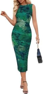 MEROKEETY Women's Summer Bodycon Tie Dye Dress Sleeveless Crew Neck Mesh Cocktail Party Maxi Dresses, Green, Medium