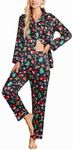 Ekouaer Women's Classic Button Down Long Satin Silk Pajama Set,Medium,Black Chirstmas Pattern