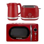 Hamilton Beach Kettle Toaster and Microwave Set, Ella, Electric Kettle 1.7L, Wide Slot Toaster 2 Slice, Microwave, 20L Retro, Kettle & Toaster Set, Red - ELLARB